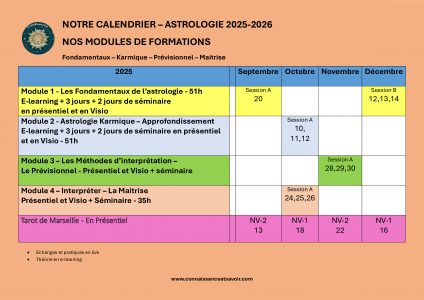 Calendrier 2025-2026 | Formations en astrologie et tarot – Connaissance & Savoir" Bienvenue sur le calendrier de nos formations en astrologie psychologique, karmique et tarot de Marseille. Vous y trouverez toutes les dates de cours, ateliers et séminaires organisés en présentiel et en ligne pour l’année 2025-2026.