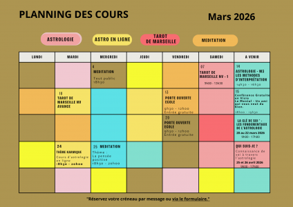 Planning des cours de mars 2026 de Connaissance et Savoir : sessions d'astrologie, tarot de Marseille, méditation et journées portes ouvertes à La Penne-sur-Huveaune.