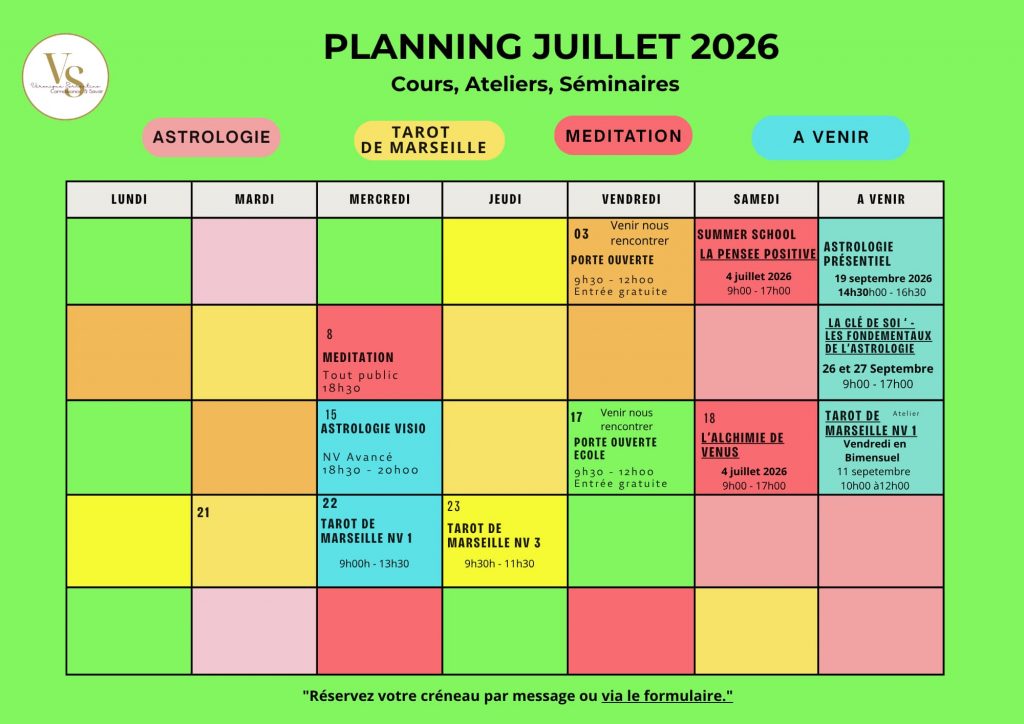 Découvrez le planning de nos cours, ateliers et séminaires : un espace de transmission entre astrologie psychologique, Tarot de Marseille et méditation, pour cheminer à la découverte de soi et s’épanouir intérieurement.