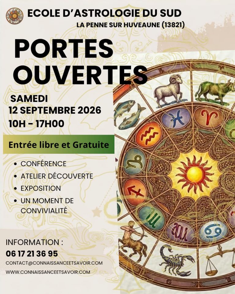 PORTE OUVERTE 12 SEPTEMBRE 2026 Ecole de Formation à l’astrologie, Tarologie, Connaissance de soi à Marseille et ailleurs Depuis 2007