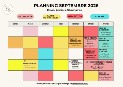 Planning Ecole d'astrologie du Sud. Un espace de transmission entre astrologie psychologique, Tarot de Marseille et méditation, pour cheminer à la découverte de soi et s’épanouir intérieurement.