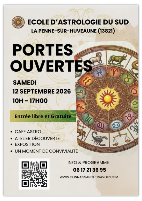 PORTE OUVERTE 12 SEPTEMBRE 2026 Ecole de Formation à l’astrologie, Tarologie, Connaissance de soi à Marseille et ailleurs Depuis 2007