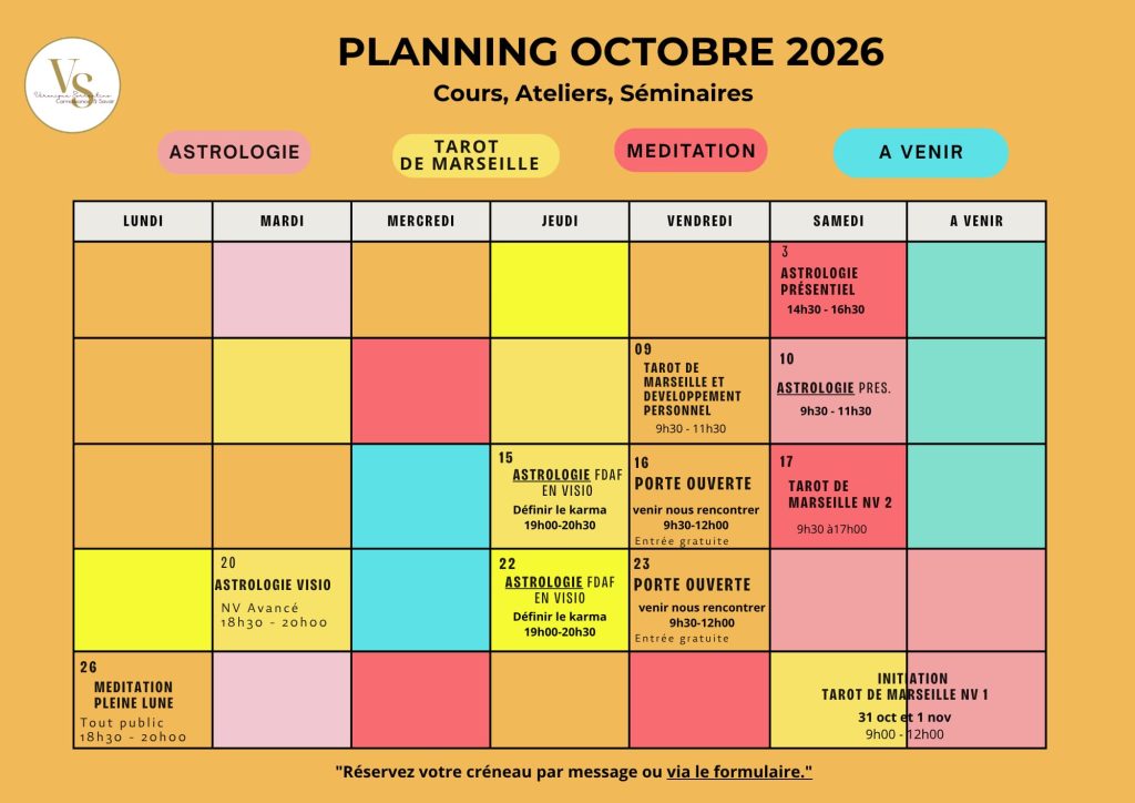 Planning Ecole d'astrologie du Sud. Un espace de transmission entre astrologie psychologique, Tarot de Marseille et méditation, pour cheminer à la découverte de soi et s’épanouir intérieurement.