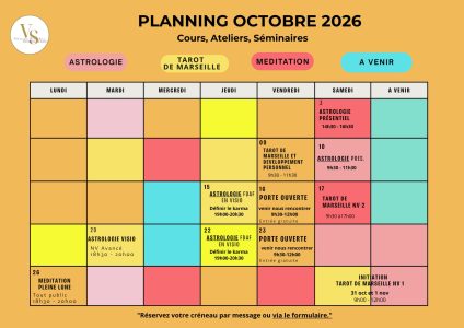 Planning Ecole d'astrologie du Sud. Un espace de transmission entre astrologie psychologique, Tarot de Marseille et méditation, pour cheminer à la découverte de soi et s’épanouir intérieurement.